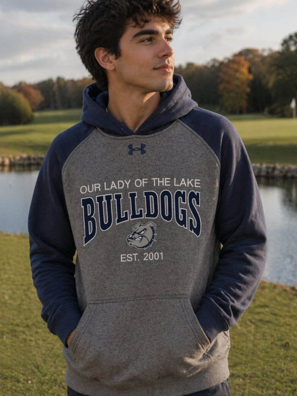 Under Armour Men's Bull Dogs Hoodie Sweatshirt Gray Blue Sz Sm  Crew Pouch Crest